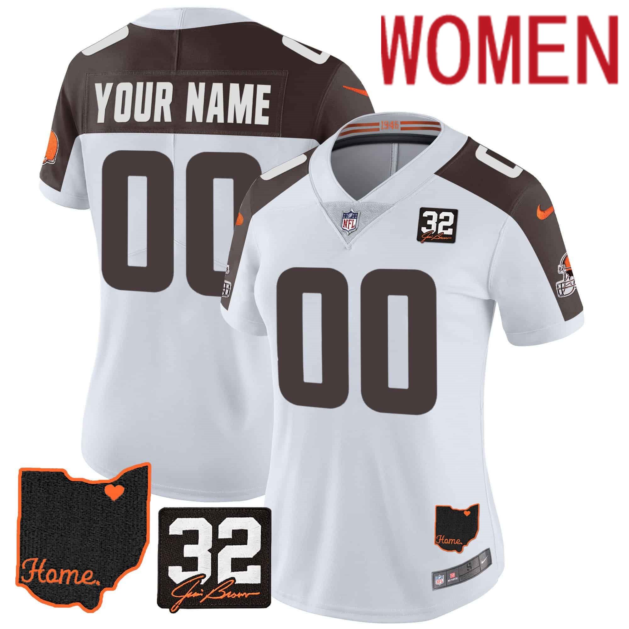 Women Cleveland Browns White #32 Jim Brown Memorial Home Patch Custom 2024 Nike NFL Jersey style 1
